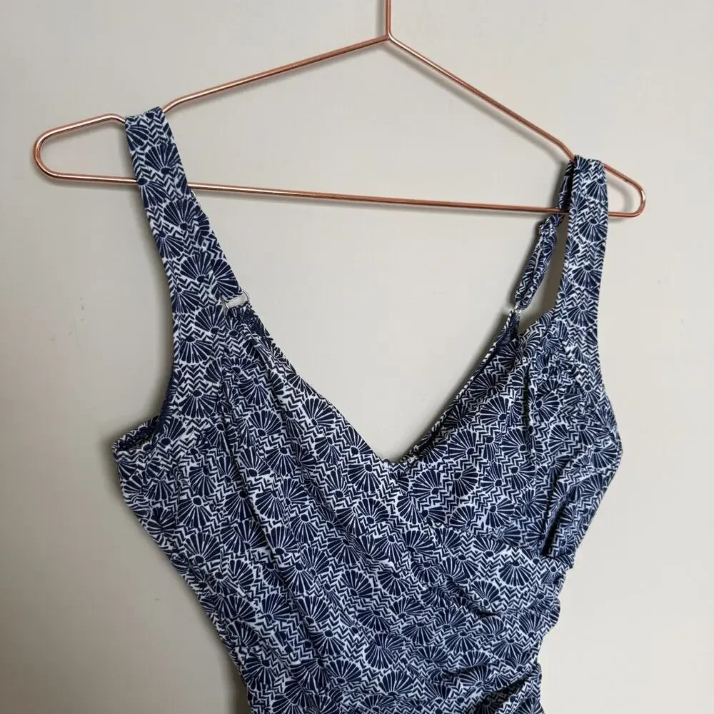 Miraclesuit Womens Sanibel One Piece Swimsuit Size 8 Blue Seashell Ruched Curvy